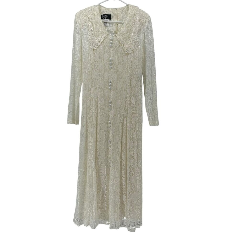Vintage Dawn Joy Midi‎ Dress Ivory Lace Peter Pan Collar Button Victorian 14 NWT